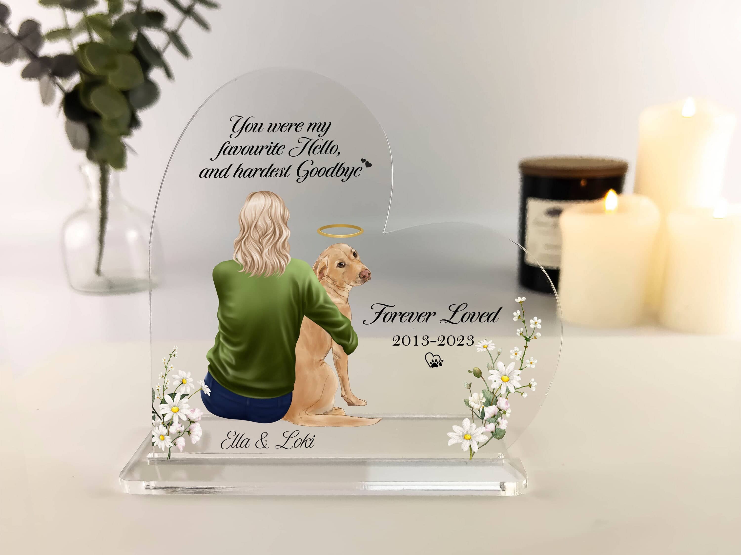 Dog Memorial Gift, Owner and Pet Custom Print, Memorial Keepsake, Pet Remembrance gift, Pet Loss Sympathy Present, Heart Acrylic Plaque