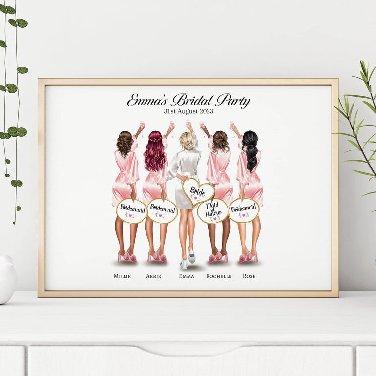 Bridesmaid art print, custom illustration of Bride and bridesmaids, gift for Bride from bridesmaids, Maid of Honour, Wedding day gift for bride, wall art,Bridesmaid robes, Personalised Bridesmaid gifts