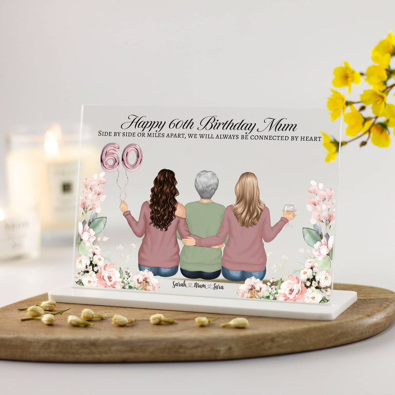 Personalised Birthday Gift, 30th 40th 50th 60th 70th Gift, Mum, Nan, Sister, Best Friend, Auntie Illustration Print Floral Acrylic Plaque