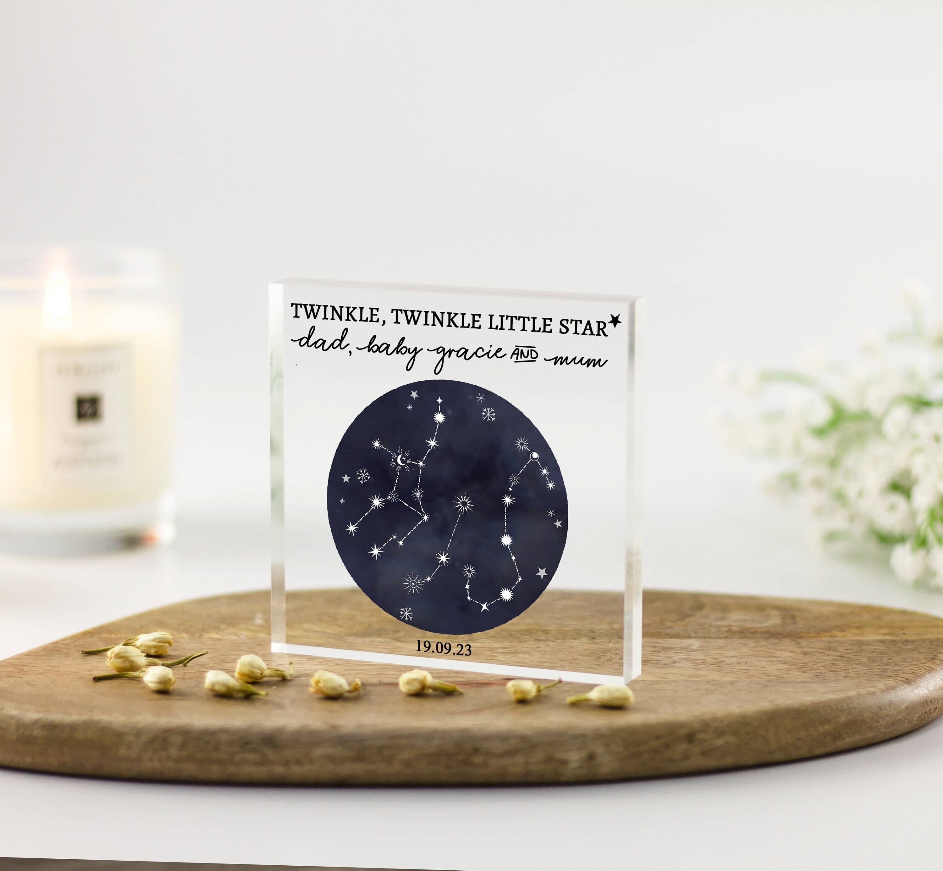 Custom Star Sign Zodiac Family Print, New Baby Gift, Star Sign in Night Sky, Christmas Gift, Mum Gift, Acrylic Block