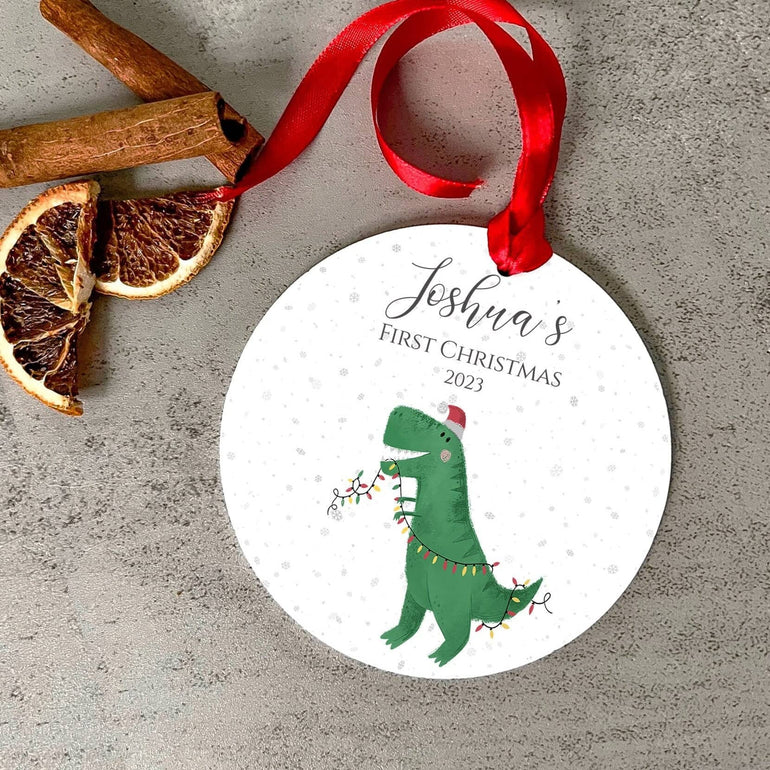 First Christmas Bauble Dinasour print,Xmas decoration custom name baubles, gift for new baby, Family new parents gift New baby boy