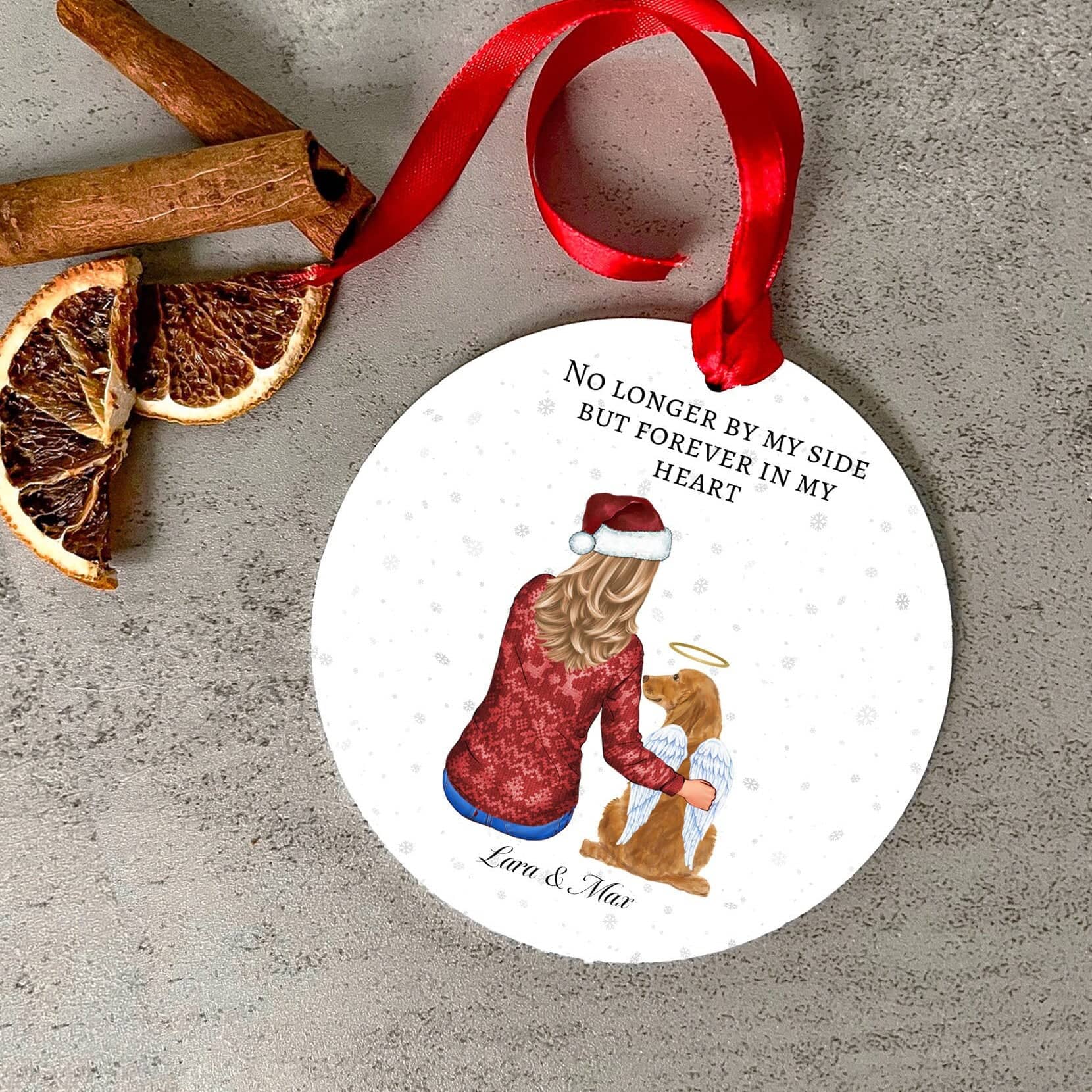 Pet memorial christmas bauble, Custom girl and pet portrait, No longer by my side dog remembrance ornament, Pet sympathy gift, Cat death, hanging tree decor, Angel wings rainbow bridge