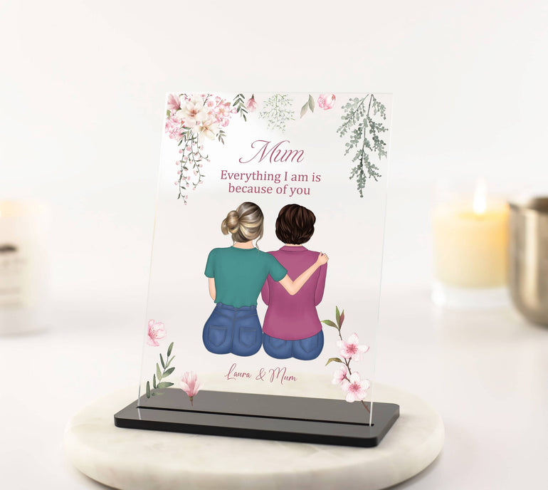 Personalised gift for mum, mother daughter print illustration portrait customise hair clothing and skintone to look like you and your mum floral Sakura border printed on clear acrylic plaque, ideal sentimental gift for christmas birthday mothers day