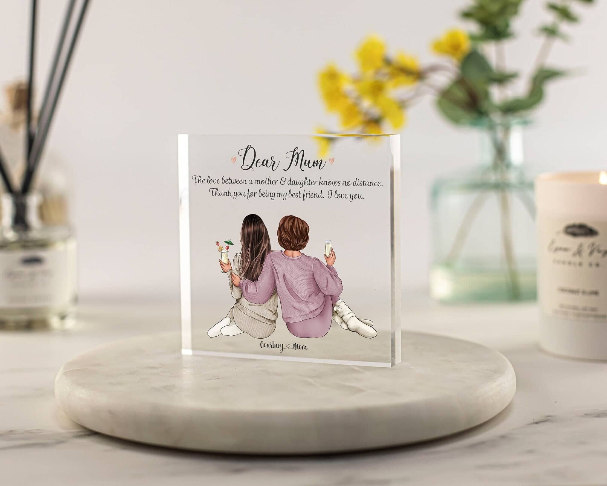 Personalised gift for mum for christmas, birthday, mothers day orjust to say I love you mum. A beautiful keepsake gift of mother and daughter illustration printed on acrylic block