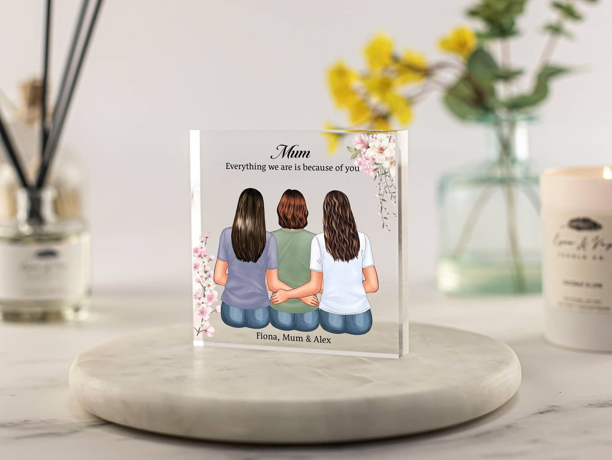 Personalised Mum Print frame, Mothers day gift from daughters, Mum birthday gift, 50th birthday, 60th birthday present, Custom portrait acrylic plaque floral flowers print