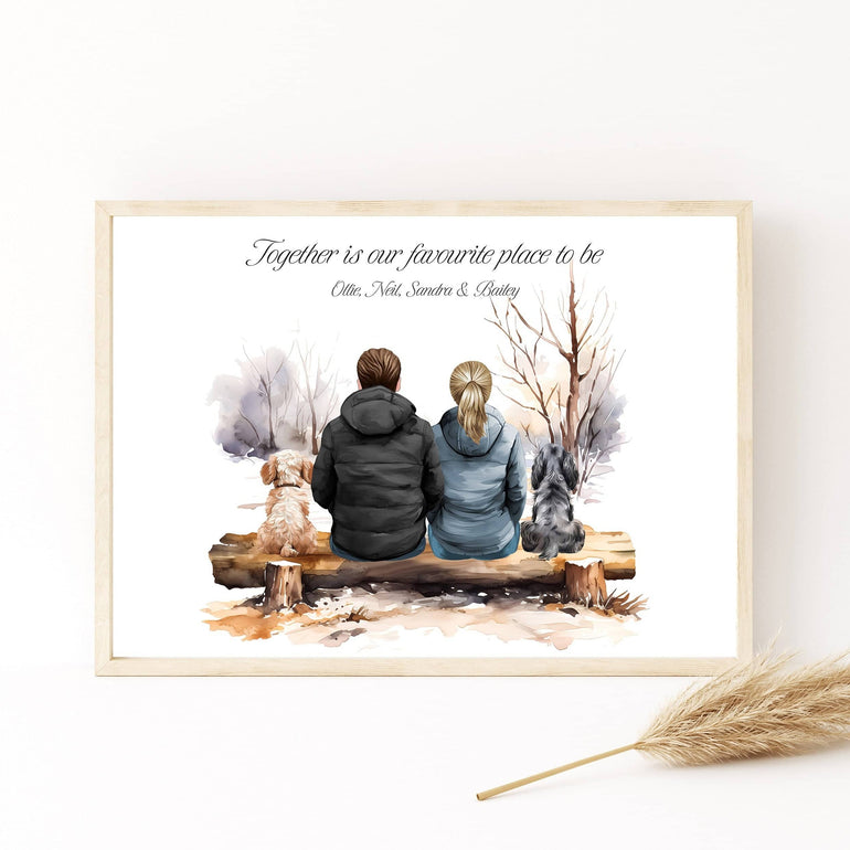 Couple and pet watercolour portrait, Personalised Family Portrait Wall Art, Valentine&#39;s Day gift for Wife, Husband, Pet loss, Dog memorial, Husband and wife print, New Home, Wedding gift, Anniversary present for Him His and Hers