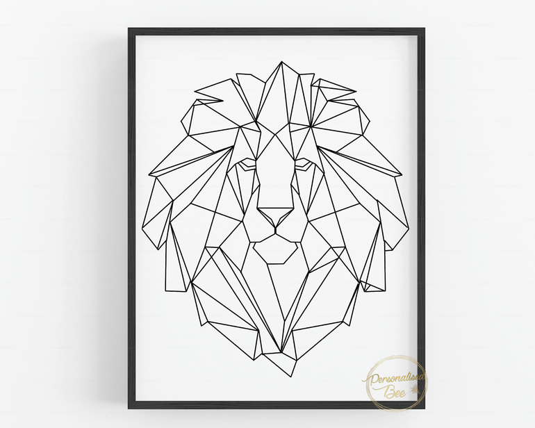 Lion Geometric Wall Art Print - Black & White.